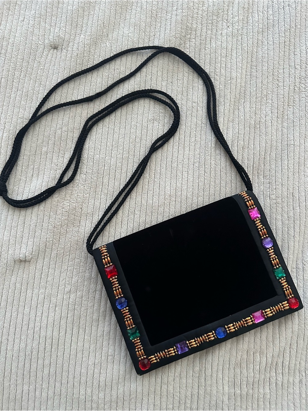 Vintage Black Beaded crossbody bag with Multicolor Gem Accents